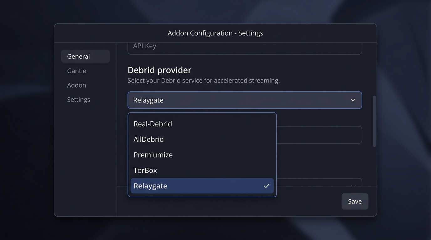 Example: debrid provider list with Relaygate selected
